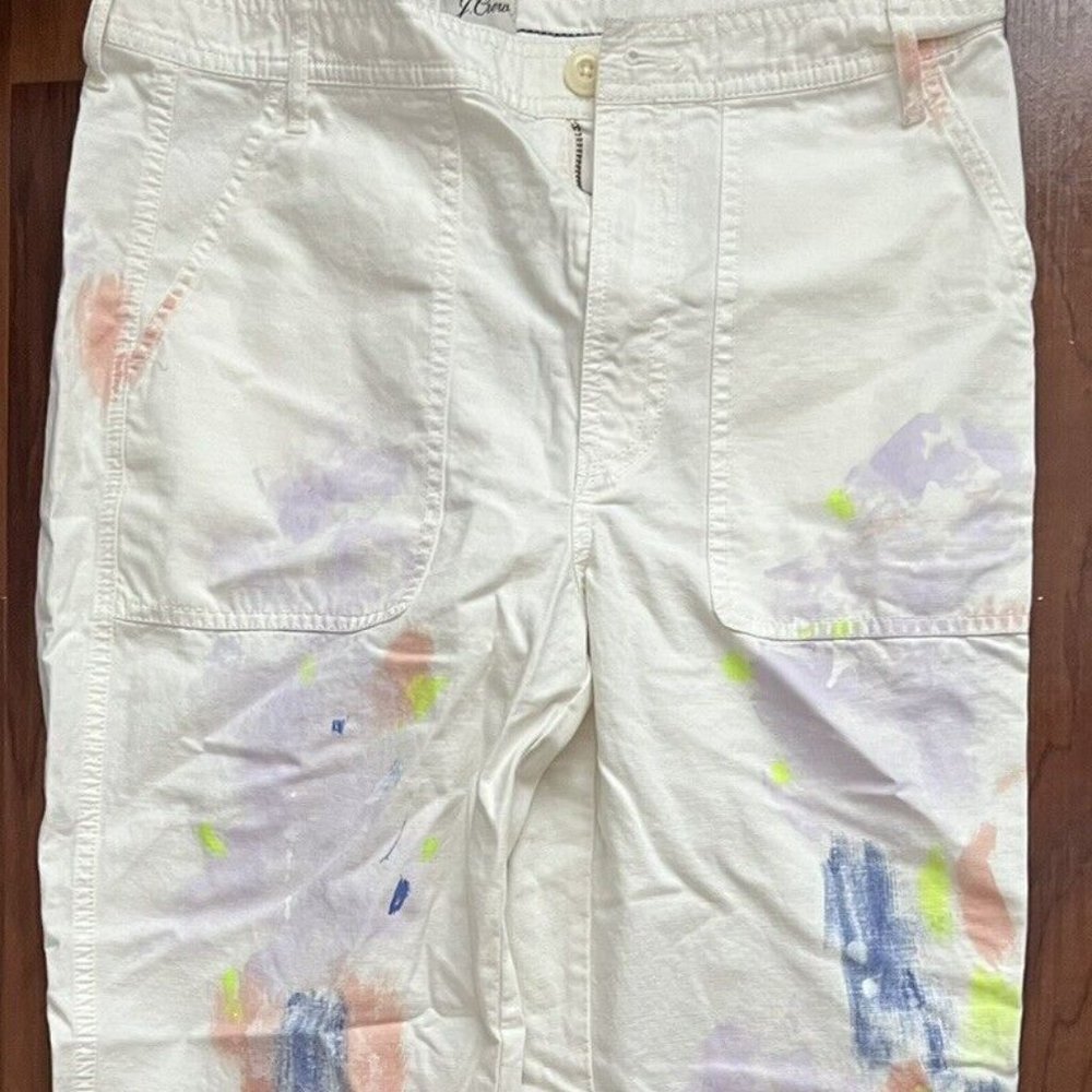 J. Crew White Straight-Leg Pants with Pastel Paint Accents